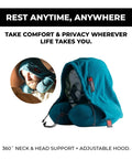 Hooded Travel Pillow With 360 Neck And Head Support, Memory Foam, Adjustable Light Blocking Hood, Ultra Soft Micro Fleece, Carry Bag Included, Built For Car Or Plane Sleep On The Go, teal hooded design