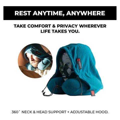 Hooded Travel Pillow With 360 Neck And Head Support, Memory Foam, Adjustable Light Blocking Hood, Ultra Soft Micro Fleece, Carry Bag Included, Built For Car Or Plane Sleep On The Go, teal hooded design