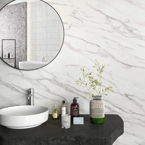 Bathroom vanity with Marble Peel And Stick Countertop Contact Paper Waterproof Vinyl Backsplash in marble pattern