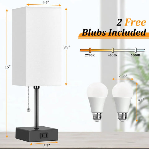 Set Of 2 Minimalist Table Lamps With AC Outlets For Bedroom, Cozy Night Light Vibe With 2700K 4000K 5000K Color Temperatures, Bulbs Included