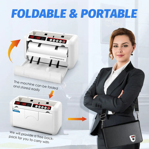 Portable Battery Operated Bill Counter With UV And MG Detection, 800 bills/min shown folded with woman holding carry case
