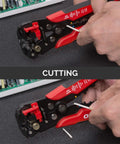 3 In 1 Automatic Wire Stripper Cutter And Crimping Tool cutting wire, red and black handle, for DIYers and pros, close-up view
