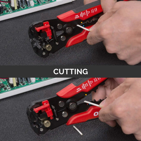3 In 1 Automatic Wire Stripper Cutter And Crimping Tool cutting wire, red and black handle, for DIYers and pros, close-up view