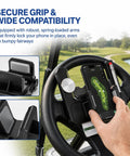 Flip Up Golf Cart Steering Wheel Phone Mount With 360 Adjustable Smartphone Holder And Clever Scorecard Slot for secure phone grip on golf cart.