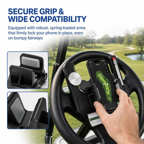 Flip Up Golf Cart Steering Wheel Phone Mount With 360 Adjustable Smartphone Holder And Clever Scorecard Slot for secure phone grip on golf cart.