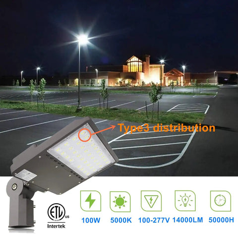 100W Outdoor LED Parking Lot Light With Adjustable Slip Fitter Mount, 5000K Area Light, Dusk To Dawn Photocell, 100-277V, 14000 Lumens, ETL Listed Commercial LED Flood Light
