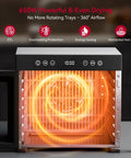 Compact Food Dehydrator Machine With Eight Stainless Steel Trays And Six Hundred Fifty Watt Motor adjustable up to 167F showing inner heating element.
