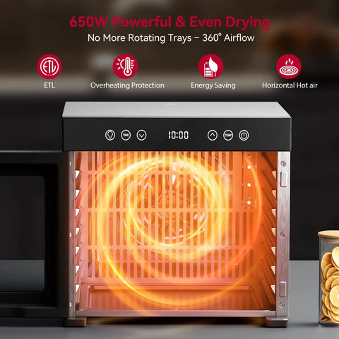 Compact Food Dehydrator Machine With Eight Stainless Steel Trays And Six Hundred Fifty Watt Motor adjustable up to 167F showing inner heating element.