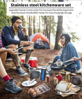 Group using 15 Piece Camping Kitchen Utensil Set For RVs Camping Backpacking And Travel Premium Outdoor Cooking Tools in woods