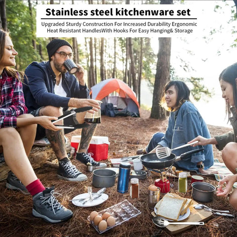 Group using 15 Piece Camping Kitchen Utensil Set For RVs Camping Backpacking And Travel Premium Outdoor Cooking Tools in woods