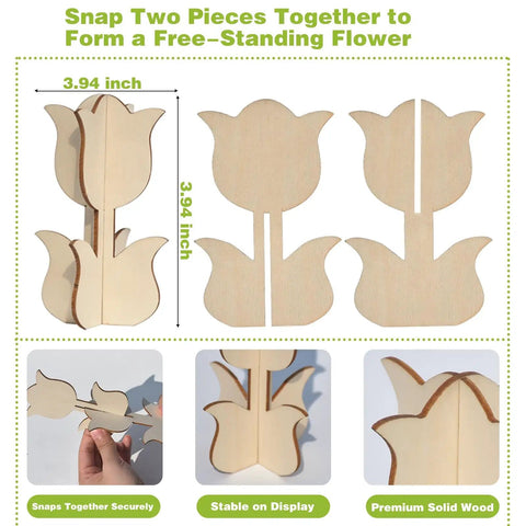 Unfinished Wood Flower Painting Kit With 12 3D Tulip Blooms, DIY Spring Craft Set For Adults And Family, Blank Wood Cutouts Assembled