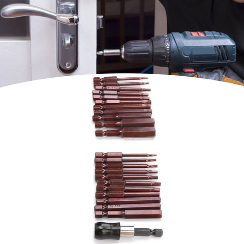 Durable 23 Piece Screwdriver Bit Set Made From Tough S2 Steel With Hex Heads And Double Ends For Electric Drills Plus Manual Tools To Get Any Hardware Job Done Fast Without Stripping Screws Or Wearing Out Your Gear. S2 steel double-ended hex bit set with drill and door hardware