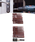 23 Piece Screwdriver Bit Set with Hex Heads And Two Styles Made From Top Tier S2 Steel For Heavy Duty Drilling And Manual Tools. These Anti Rust Bits Are Built Durable And Tough For Any Pro Or Home Project You Might Hit Right Now Today Without Breaking. S2 steel driver bits with hex heads shown with cordless drill and door lock.