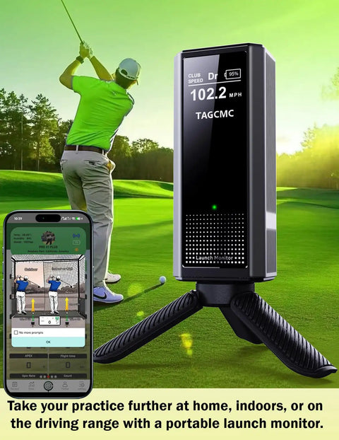 Portable Golf Launch Monitor And Home Simulator For Swing Analysis with real-time swing data display.