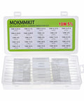 MOKMMKIT cement resistor kit, front view, 50 pieces in plastic case, 25 values, 10W ±5%, 0.05–100 Ω