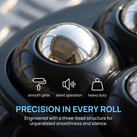 Close-up of 12pcs Ball Swivel Caster Wheels for Furniture and Dressers, Black highlighting smooth glide and heavy-duty design.