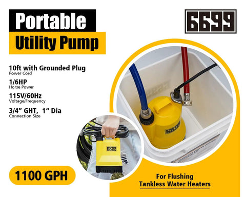 Tankless Water Heater Flushing Kit DIY Ready With Submersible Sump Pump One Sixth Horsepower in a white and yellow design.