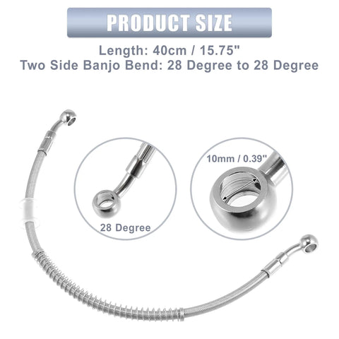 15.75 Inch Stainless Steel Braided Hydraulic Motorcycle Brake Line For ATV Motocross And Sport Bikes Beefed Up 10mm Inner Diameter 40cm Length Two 28 Degree Banjo Ends Silver Tone