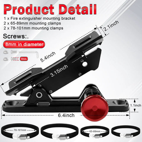 Quick Release Fire Extinguisher Mount Bracket For Jeep Wrangler TJ JK JL JKU And Universal UTV Roll Bar Aluminum Adjustable Holder For Polaris RZR Ranger Can Am X3 Off Road Ready, showing black aluminum bracket with size and screw details, and three mounting clamps.