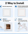 Installation guide image for 12 Pack White Plastic 4x4 Access Panels for Drywall Ceilings with a Nifty Hidden Hinge Mechanism.