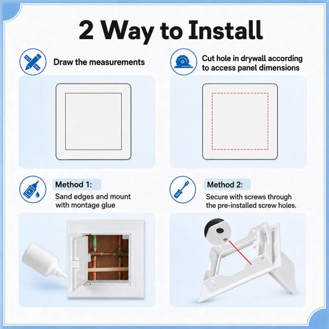 Installation guide image for 12 Pack White Plastic 4x4 Access Panels for Drywall Ceilings with a Nifty Hidden Hinge Mechanism.