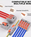 Lever Wire Connectors Kit 60Pcs Quick Splice Push In Connectors for 2 3 5 conductor wiring, showing compatibility with multiple wire types.