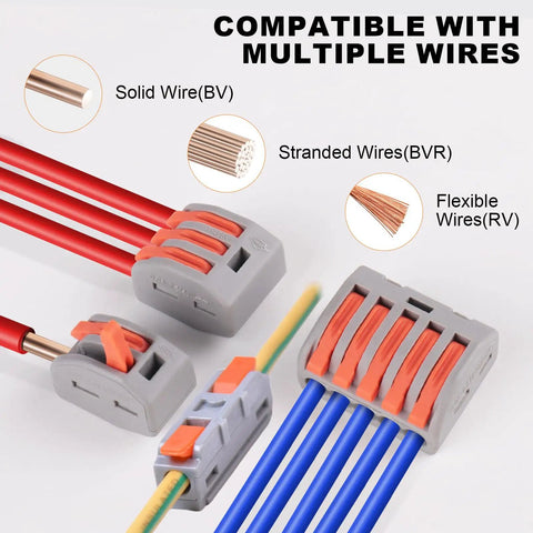 Lever Wire Connectors Kit 60Pcs Quick Splice Push In Connectors for 2 3 5 conductor wiring, showing compatibility with multiple wire types.