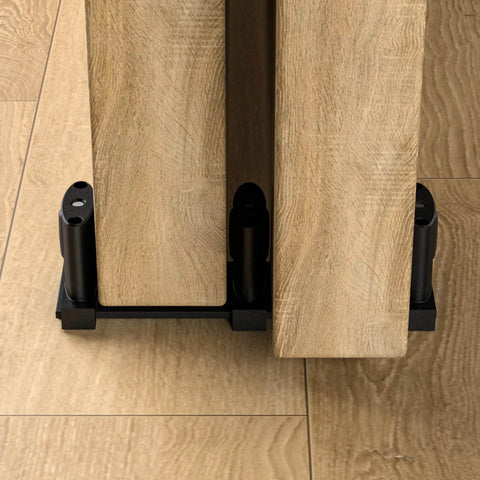 Adjustable Three Wheel Sliding Barn Door Floor Guide For Bypass Doors Black Finish With Ultra Smooth No Hassle Double Sided Pulley System Easy Install Heavy Duty Floor Guide For Closet Doors One Piece Design installed with wooden doors