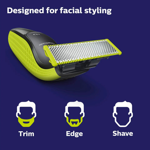 OneBlade Hybrid Electric Trimmer And Shaver With Dual Cut Technology Cordless Portable And Maintenance Free No Oil Needed Designed For Face And Body Grooming QP2520, showcasing facial styling options.