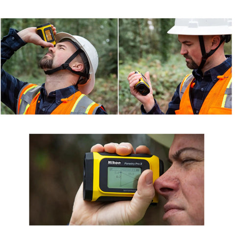 Forestry Pro II Workhorse Laser Rangefinder Hypsometer Digital Range Finder With 8 To 1750 Yards Height And Angle Measurements 2 Point And 3 Point Height Calculations Bundle Includes 3 Extra CR2 Batteries And Lens Cloth, man using yellow rangefinder in forest
