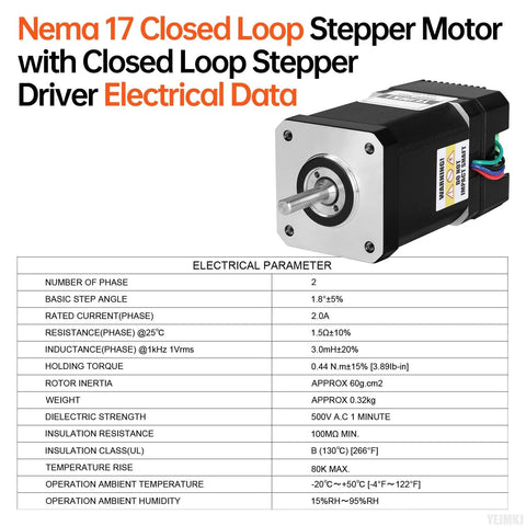 YEJMKJ Nema 17 closed-loop stepper motor with integrated driver; black housing and silver faceplate