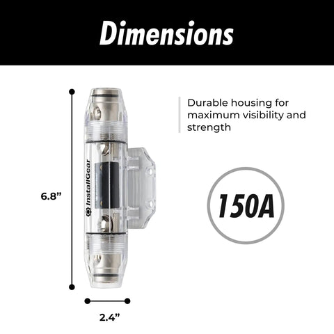Heavy Duty 150 Amp Inline Anl Fuse Holder For 0 2 4 Awg Wiring With Clear Cover, dimensions 6.8 x 2.4 inches.