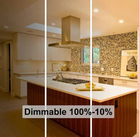 Kitchen showing dimming effect of PAR30 Flood Light 75W Long Neck Dimmable Bulbs, 1000 Lumens, 3000K Warm White, E26 Base, Pack Of 6
