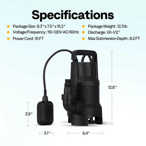 Beast Mode 1 HP Submersible Sump Pump With Float Switch 3600 GPH, dimensions and specifications shown on image.