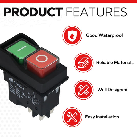 Front view of 120V electromagnetic push-button switch with green I and red O buttons in a black plastic housing