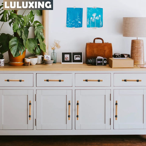 White cabinet with Six Pack Solid Wood Cabinet Handles and Pulls 4.4 Inch Center to Center Double Hole Distance T Bar hardware.