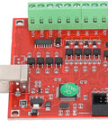 4 Axis CNC Breakout Board Motion Controller Card With 100KHz Step Pulse Frequency USB Interface For Stepper And Servo Motors Dope Performance Supports Probes Emergency Input Limit Switches And Handwheel Manual Control, red PCB close-up