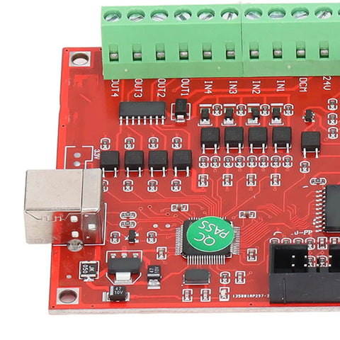 4 Axis CNC Breakout Board Motion Controller Card With 100KHz Step Pulse Frequency USB Interface For Stepper And Servo Motors Dope Performance Supports Probes Emergency Input Limit Switches And Handwheel Manual Control, red PCB close-up