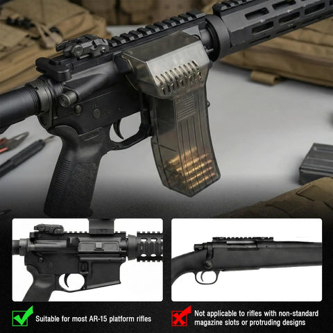 Quick Disassembly Brass Catcher With Install Base For AR Rifles Durable And High Temperature Resistant Easy No Fuss Mounting To Magazine Well Keeps Brass Safe Clean And Unobstructed Scope And Rail Access displayed on AR-15 rifle