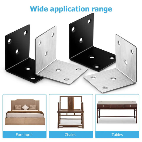 Heavy Duty Chrome Coated Iron Corner Brackets With Mounting Screws Zero Hassle Rock Solid L Braces for furniture and chairs.