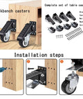 Heavy Duty Retractable Workbench Casters Kit Straight Up 300Kg Capacity with installation steps and caster details.