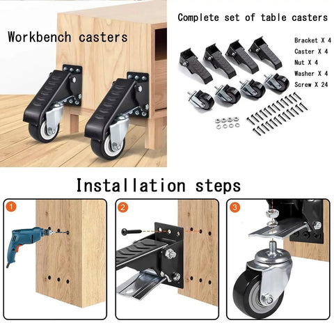 Heavy Duty Retractable Workbench Casters Kit Straight Up 300Kg Capacity with installation steps and caster details.