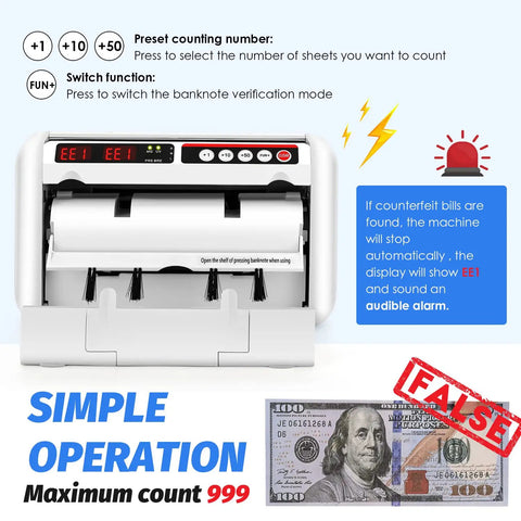Portable Battery Operated Bill Counter With UV And MG Detection showing digital display, buttons, and features, 800 bills per minute.