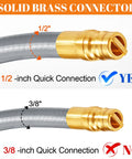 Comparison of 1/2 inch and 3/8 inch quick connect fittings on six foot natural gas hose with quick connect fitting for grills generators