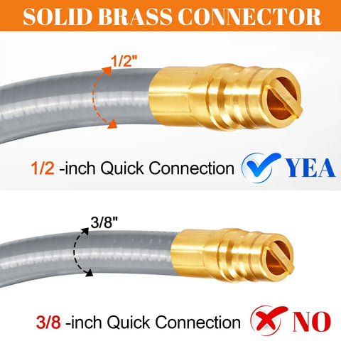 Comparison of 1/2 inch and 3/8 inch quick connect fittings on six foot natural gas hose with quick connect fitting for grills generators