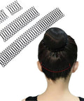 Hella Secure U Shape Hair Styling Clips 6 Piece Black Bobby Pin Set, stretchable clips used for securing a bun hairstyle.