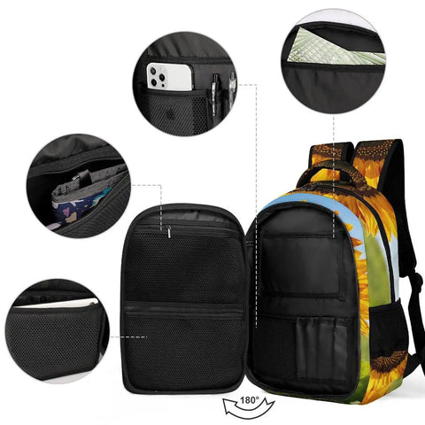 Open view of Go To Sunflower Close Up Print Backpack For Everyday Use Unisex Large Capacity Daypack made from durable polyester