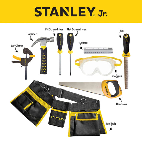 Real Deal Kids Tool Set With Belt Pouch, 10 Piece Pretend Play Tools including hammer, screwdrivers, saw, clamp, file, and tool belt
