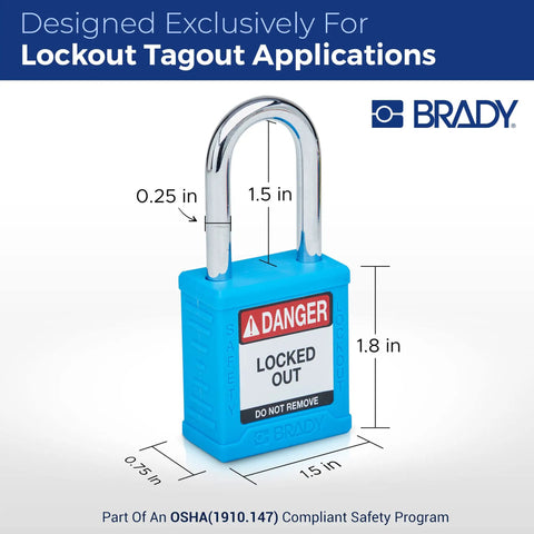 Image of a Blue Safety Lockout Padlock with OSHA compliance details, featuring a steel shackle and danger tag, by Brady.