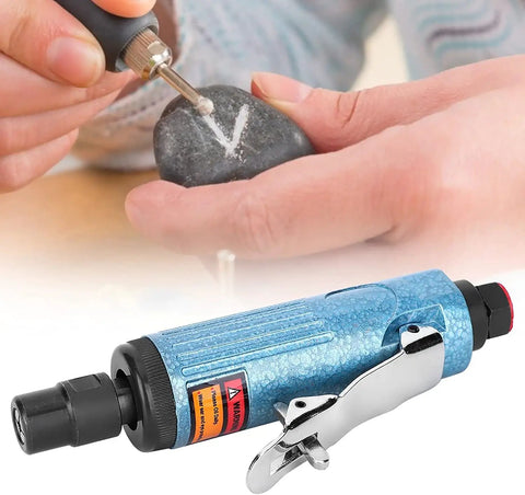 Blue Aluminum Alloy Pneumatic Die Grinder Top Shelf Air Powered Rotary Tool Smooth Operator in use for stone carving.